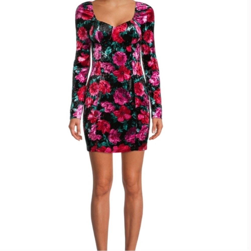 Madden NYC Floral Velvet Mini Dress Womens Size Large Long Sleeve
